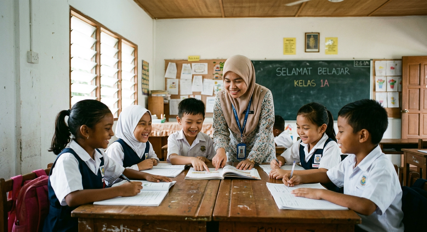 Children studying together in a classroom with a teacher
