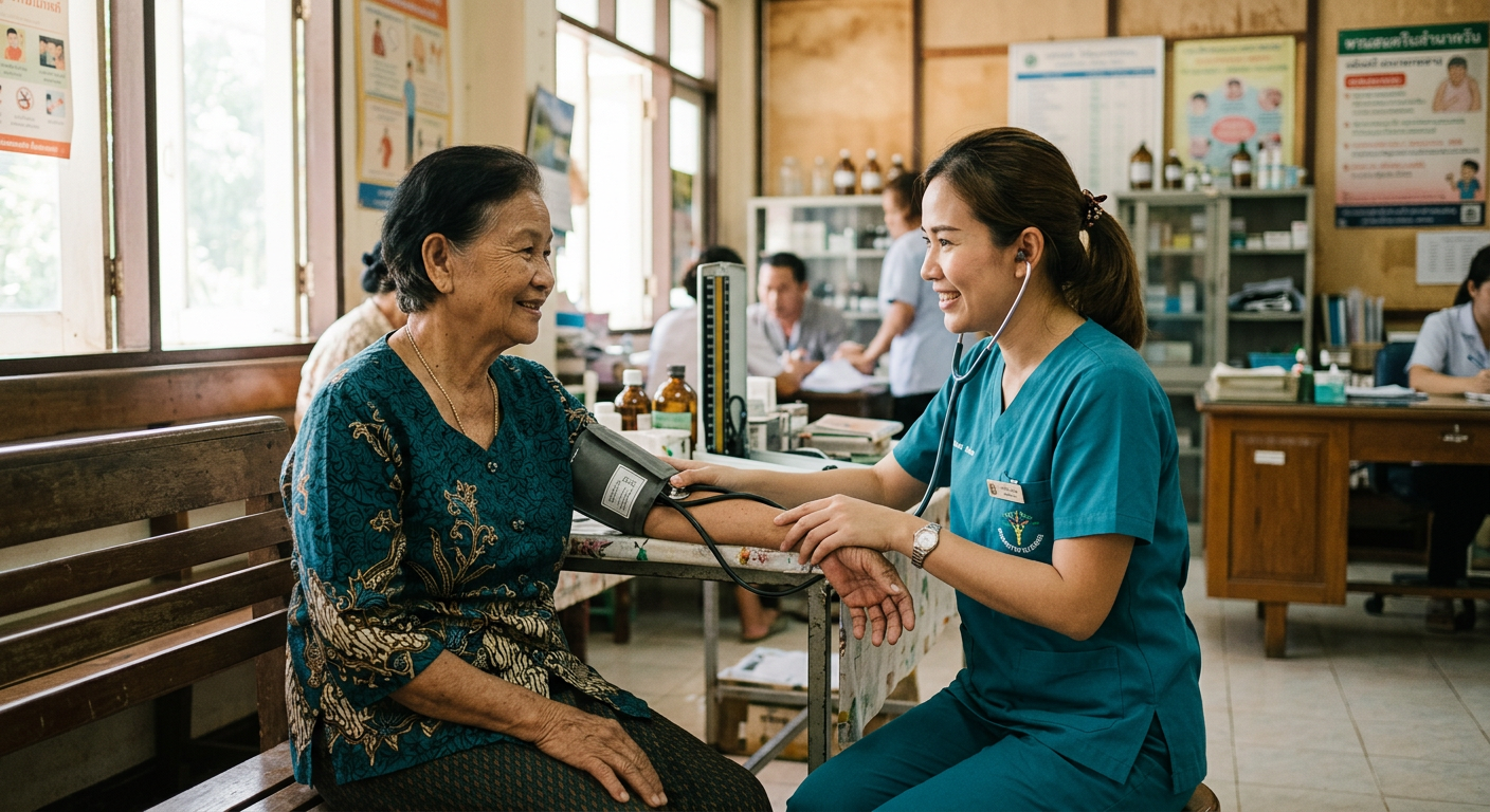 A nurse checking the blood pressure of an elderly woman