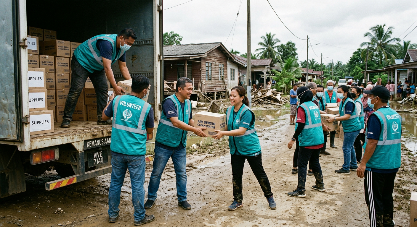 Volunteers unloading water and supplies after a flood